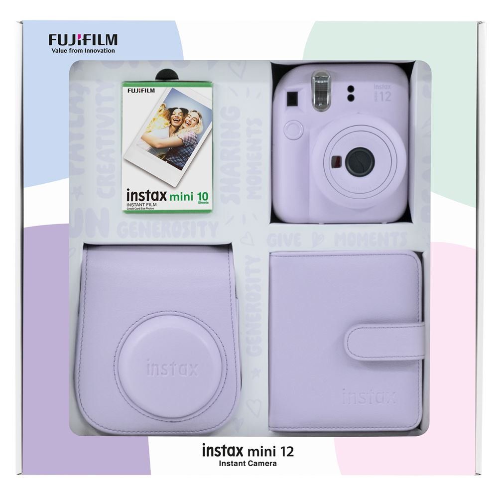 Instax Mini 12 Lila 10'lu Film Kare Albüm Deri Kılıf Bundle Box ve Fotoğraf Makinesi