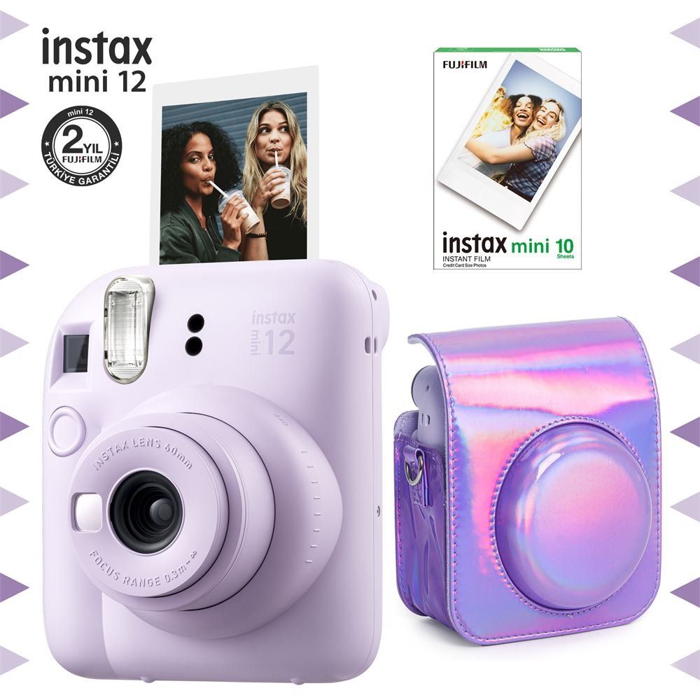 Instax Mini 12 Lila 10'lu Film Parlak Kılıf ve Fotoğraf Makinesi Seti