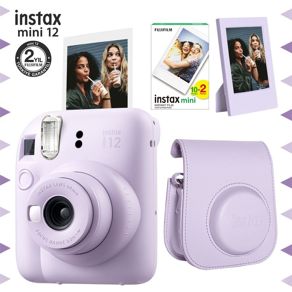 Instax Mini 12 Lila 20'li Film Çerçeve Deri Kılıf ve Fotoğraf Makinesi Seti