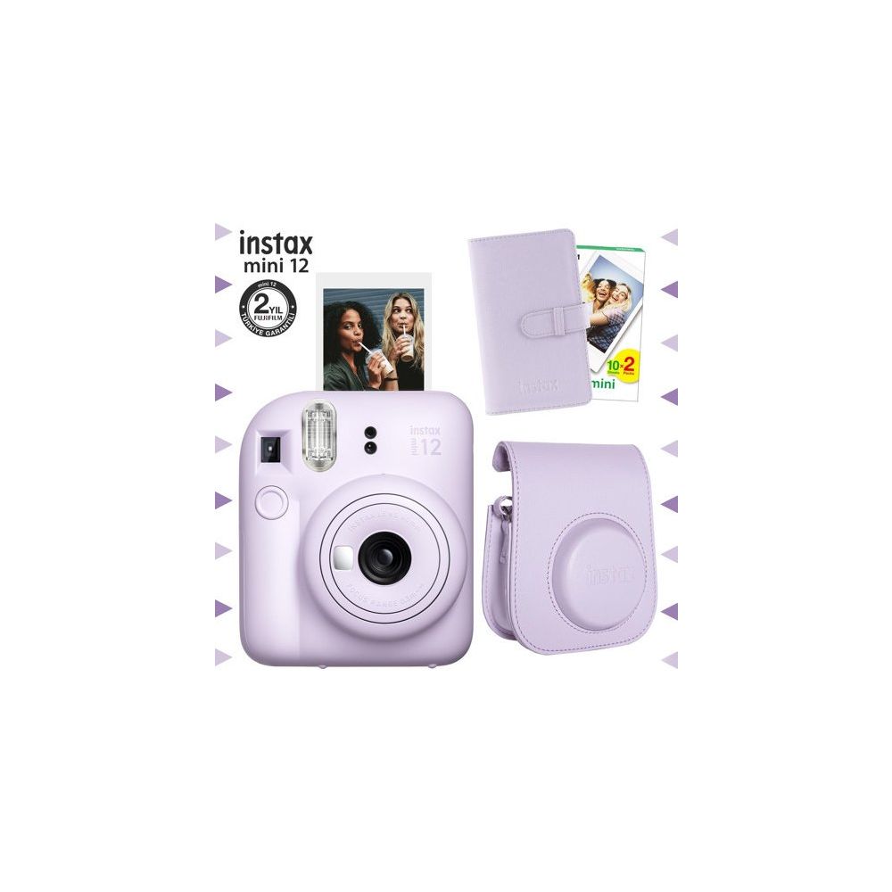 Instax Mini 12 Lila 20'li Film Laporta Albüm Deri Kılıf ve Fotoğraf Makinesi Seti