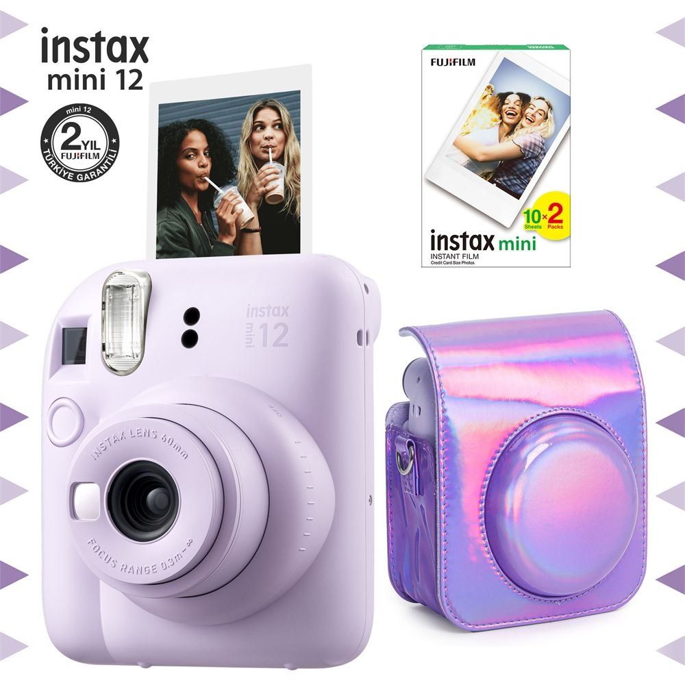 Instax Mini 12 Lila 20'li Film Parlak Kılıf ve Fotoğraf Makinesi Seti