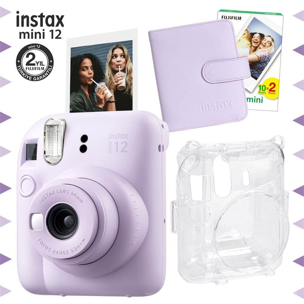 Instax Mini 12 Lila 20'lu Film Kare Albüm Şeffaf Kılıf ve Fotoğraf Makinesi Seti
