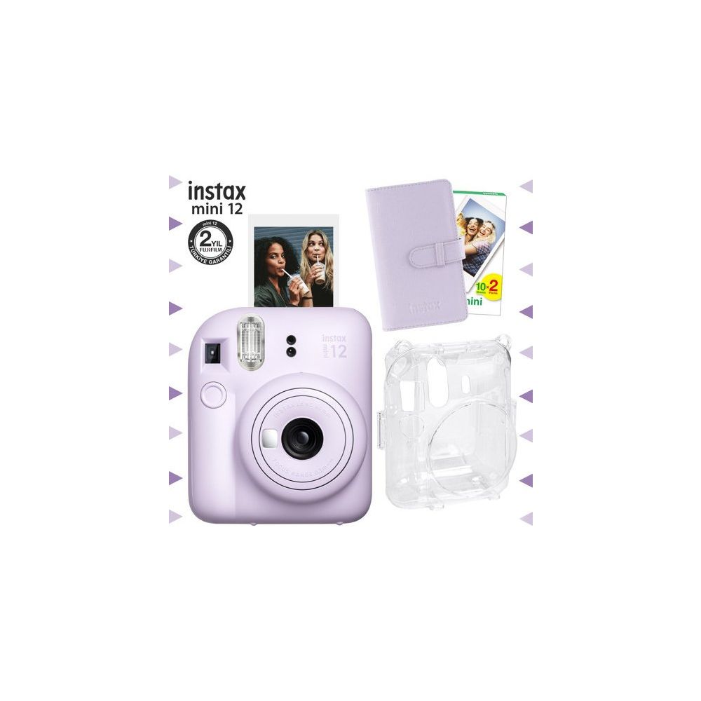Instax Mini 12 Lila 20'lu Film Laporta Albüm Şeffaf Kılıf ve Fotoğraf Makinesi Seti