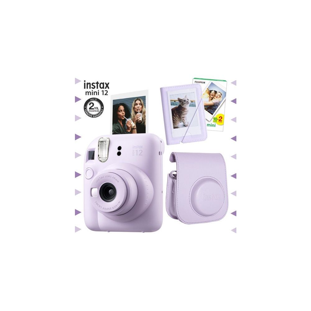 Instax Mini 12 Lila 20'lu Film Mini Albüm Deri Kılıf ve Fotoğraf Makinesi Seti