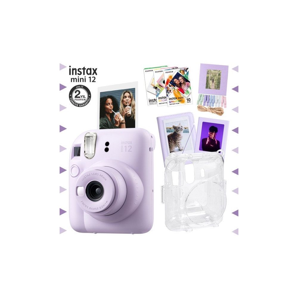 Instax Mini 12 Lila 30'lu Film Albüm Mandal Çerçeve Kılıf Mega ve Fotoğraf Makinesi Set