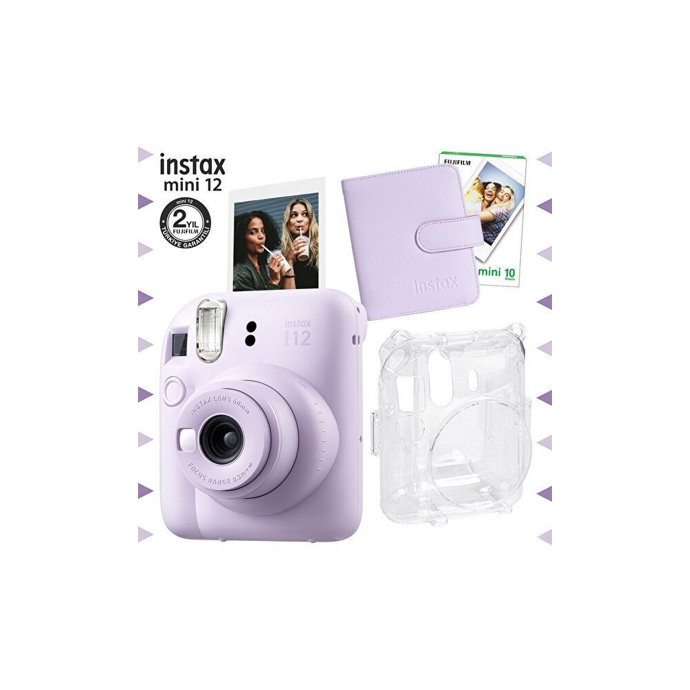 Instax Mini 12 Lila Fotoğraf Makinesi 10'lu Film Kare Albüm ve Şeffaf Kılıf Seti