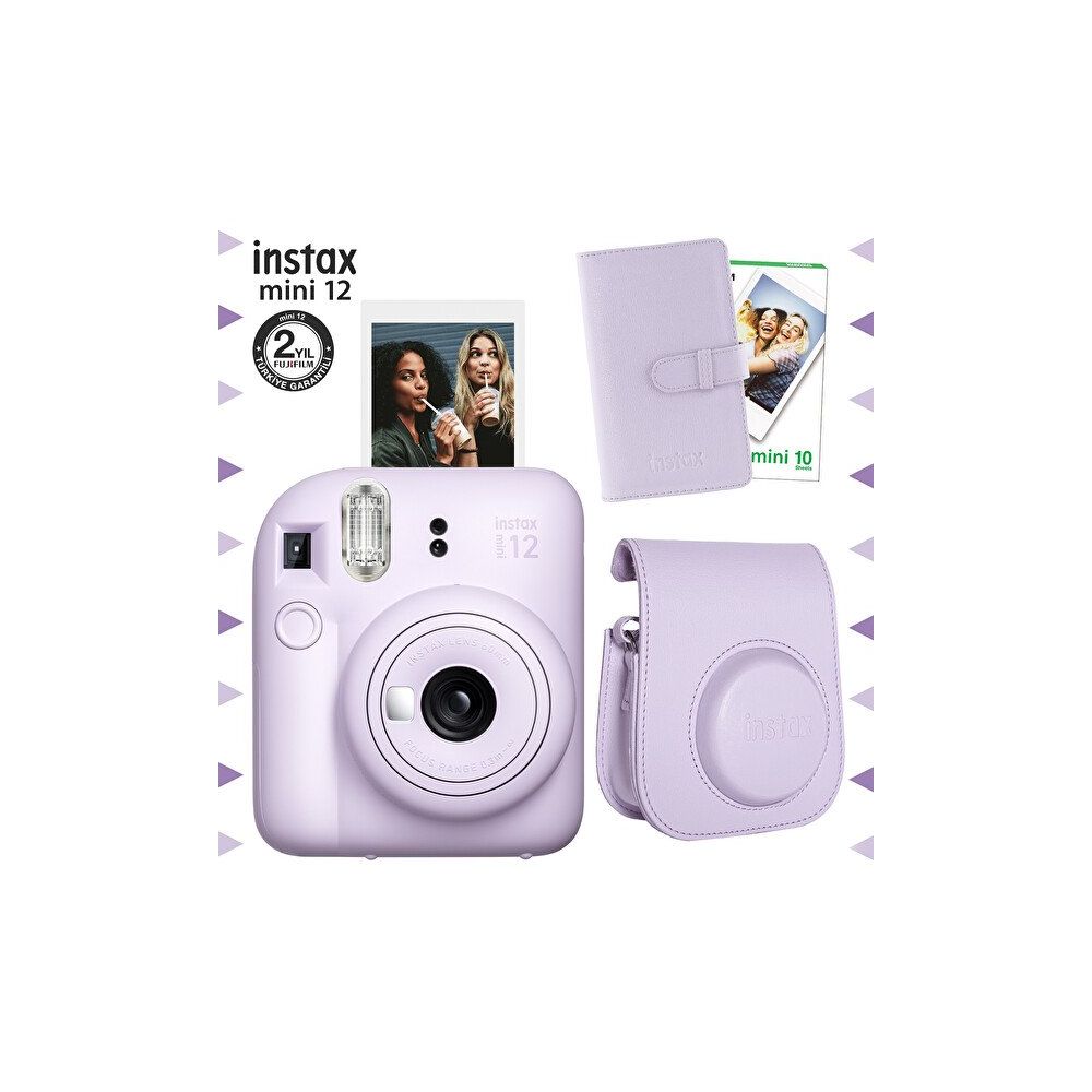Instax Mini 12 Lila Fotoğraf Makinesi 10'lu Film Laporta Albüm ve Deri Kılıf Seti