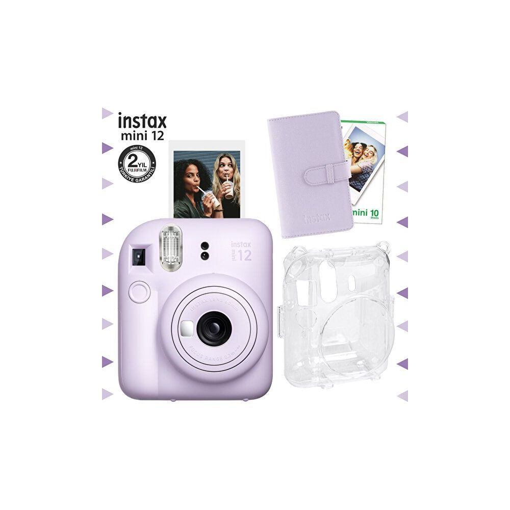Instax Mini 12 Lila Fotoğraf Makinesi 10'lu Film Laporta Albüm ve Şeffaf Kılıf Seti