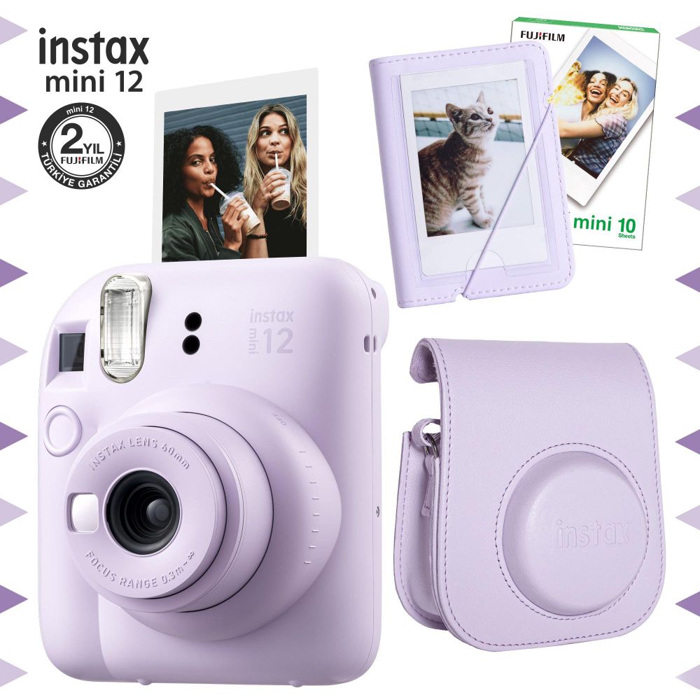Instax Mini 12 Lila Fotoğraf Makinesi 10'lu Film Mini Albüm ve Deri Kılıf Seti