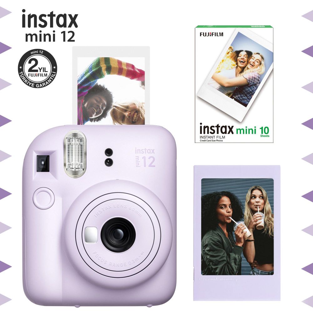 Instax Mini 12 Lila Fotoğraf Makinesi Çerçeve ve 10'lu Mini Film Seti