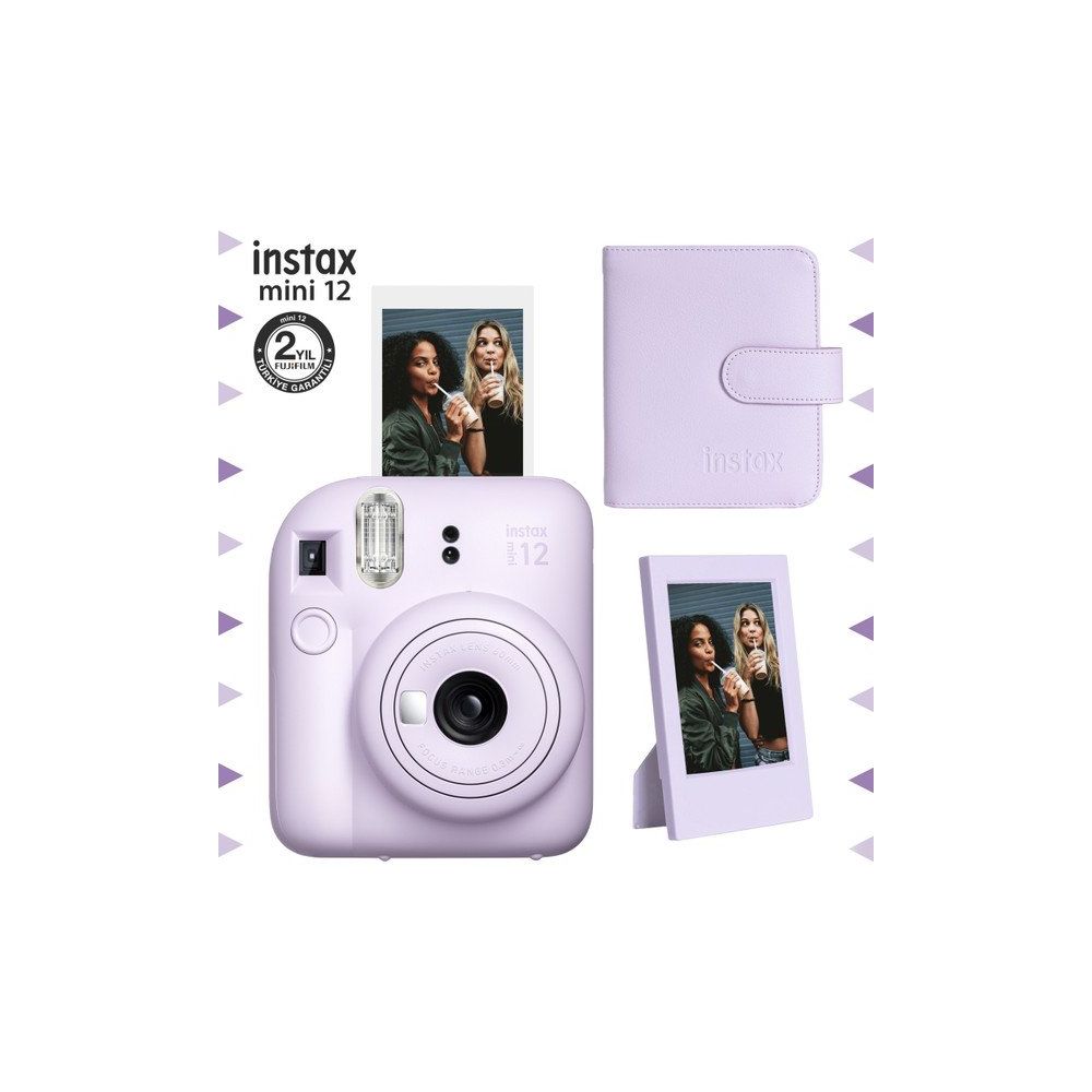 Instax Mini 12 Lila Fotoğraf Makinesi Çerçeve ve 64'lü Kare Albüm Seti