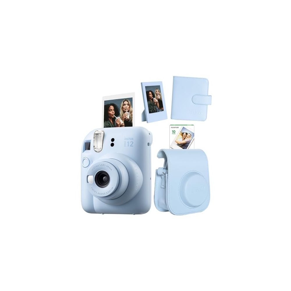 Instax Mini 12 Mavi 10'lu Film Çerçeve Kare Albüm Deri Kılıf ve Fotoğraf Makinesi Seti