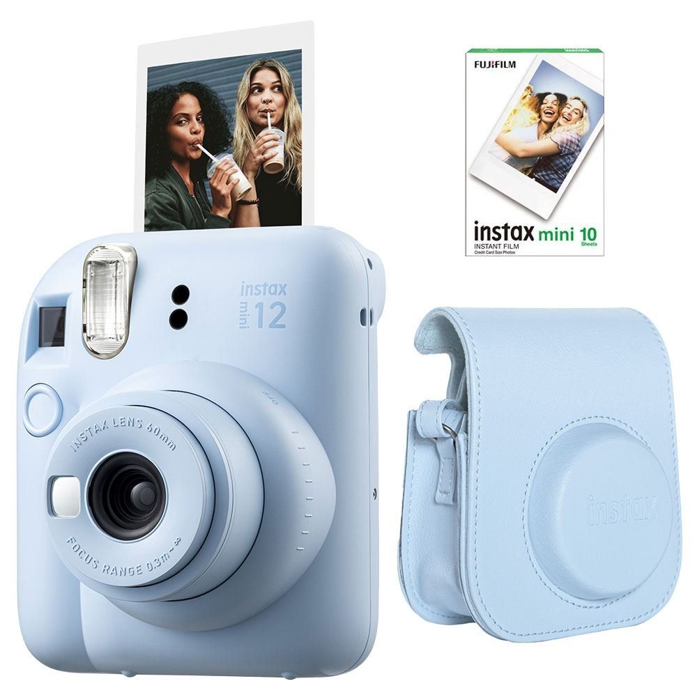 Instax Mini 12 Mavi 10'lu Film Deri Çantalı ve Fotoğraf Makinesi Seti