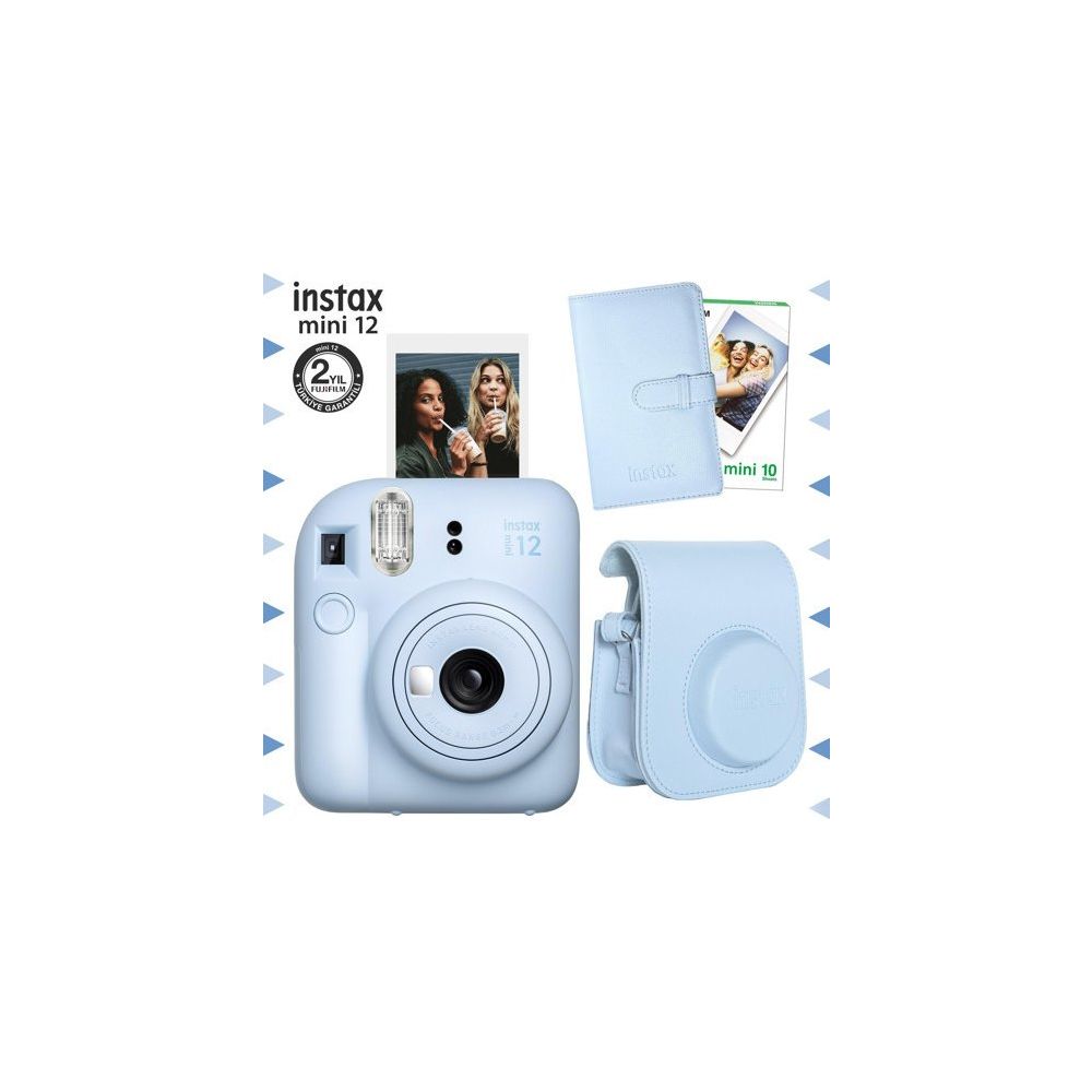 Instax Mini 12 Mavi 10'lu Film Laporta Albüm Deri Kılıf ve Fotoğraf Makinesi Seti