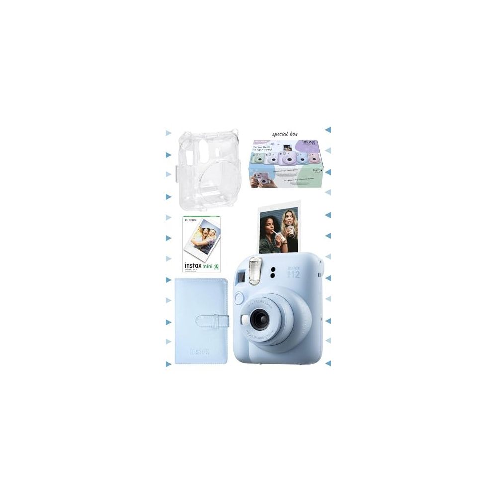 Instax Mini 12 Mavi 10'lu Film Laporta Albüm Şeffaf Kılıf ve Fotoğraf Makinesi Seti