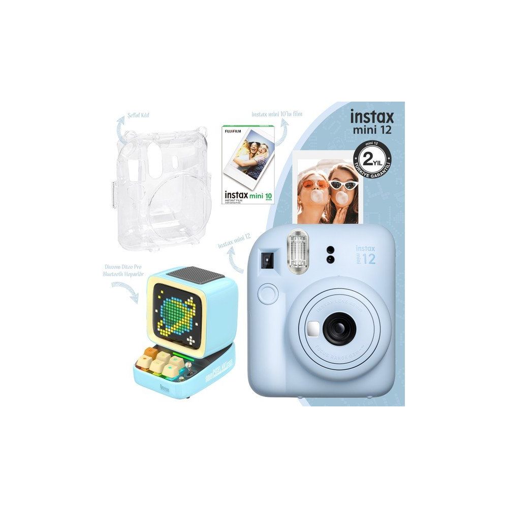 Instax Mini 12 Mavi 10'lu Film Şeffaf Kılıf Divoom Ditoo Pro Mavi Uyarlanabilir Piksel Ekranlı Bluetooth Hoparlör ve Fotoğraf Makinesi