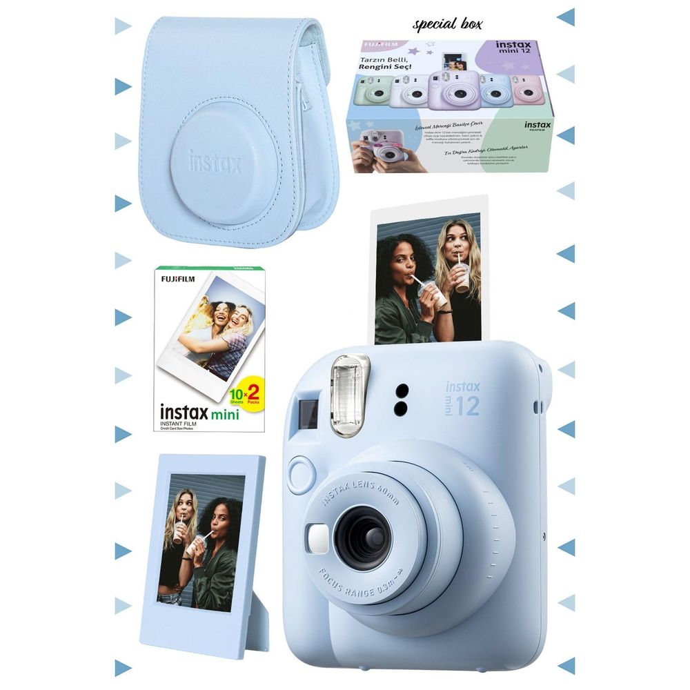 Instax Mini 12 Mavi 20'li Film Çerçeve Deri Kılıf ve Fotoğraf Makinesi Seti