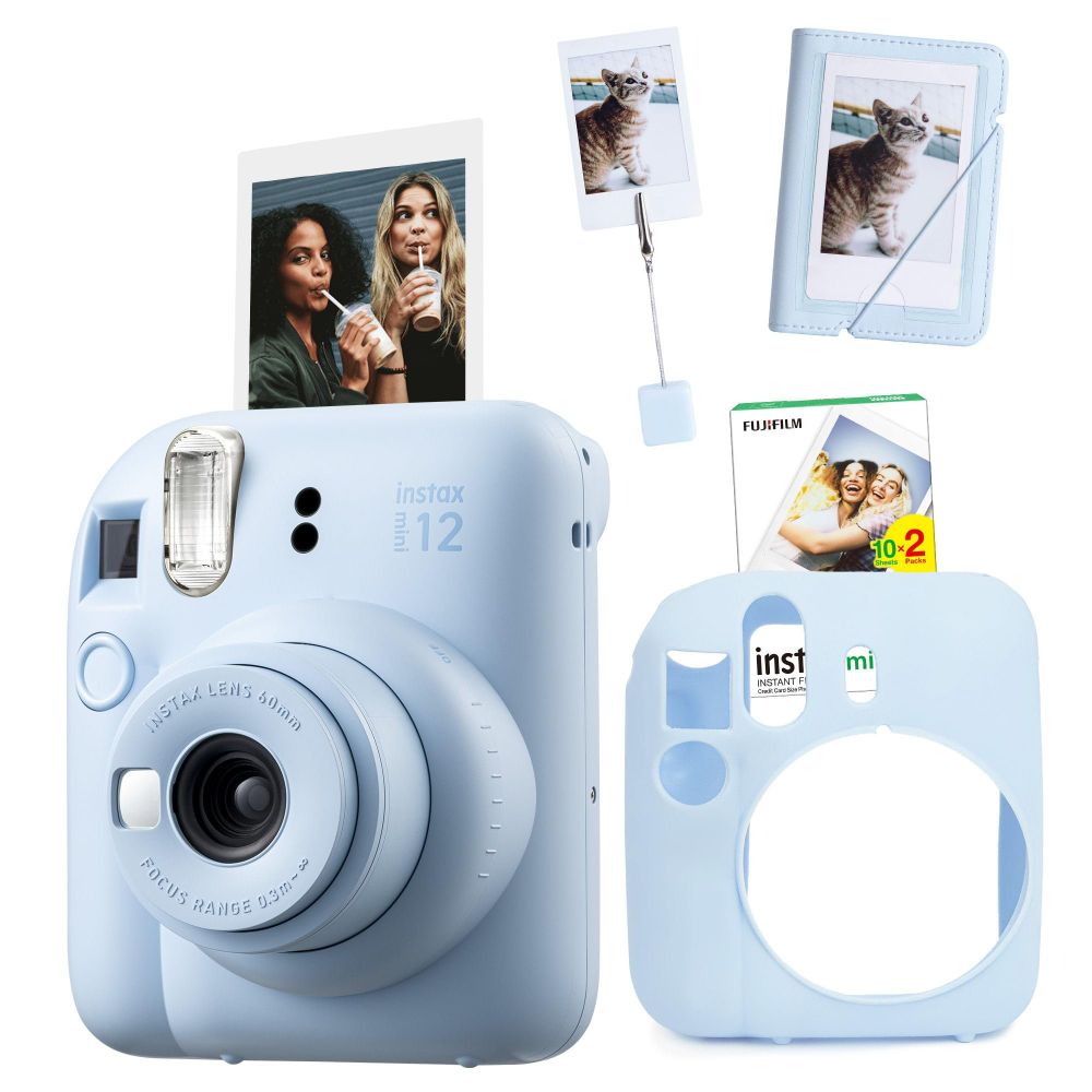 Instax Mini 12 Mavi 20'li Film Kıskaçlı Stand Mini Albüm Silikon Kılıf ve Fotoğraf Makinesi Seti