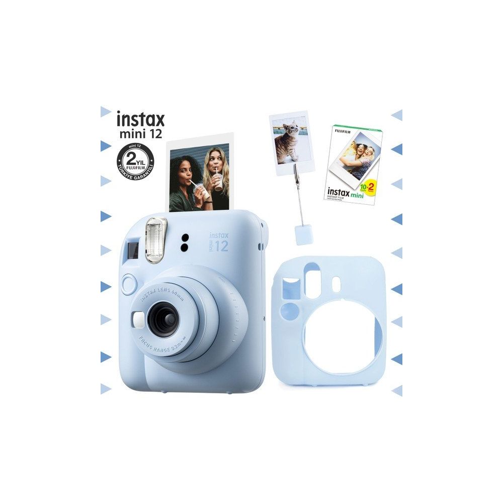 Instax Mini 12 Mavi Fotoğraf Makinesi 20'li Film Kıskaçlı Resim Standı ve Silikon Kılıf Seti