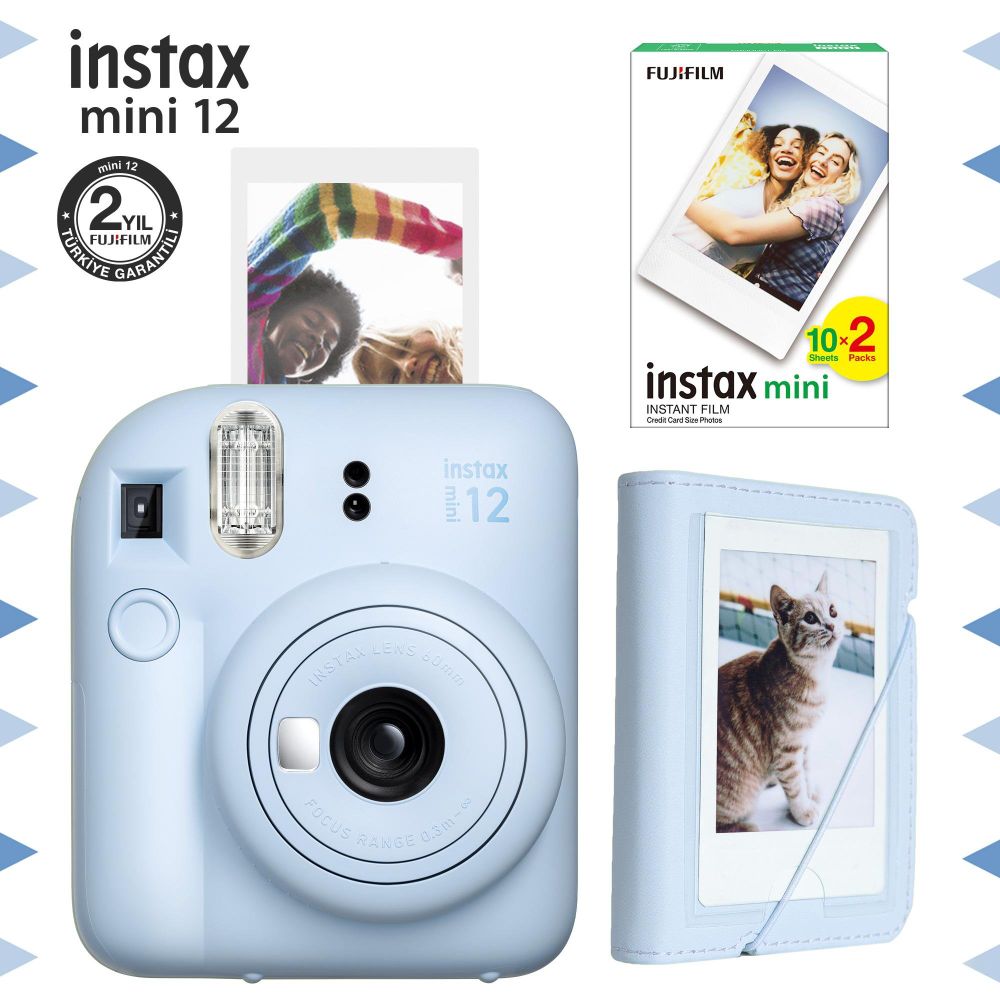 Instax Mini 12 Mavi Fotoğraf Makinesi + 20'li Film ve Mini Albüm Seti