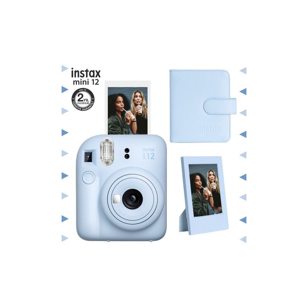 Instax Mini 12 Mavi Fotoğraf Makinesi Çerçeve ve 64'lü Kare Albüm Seti