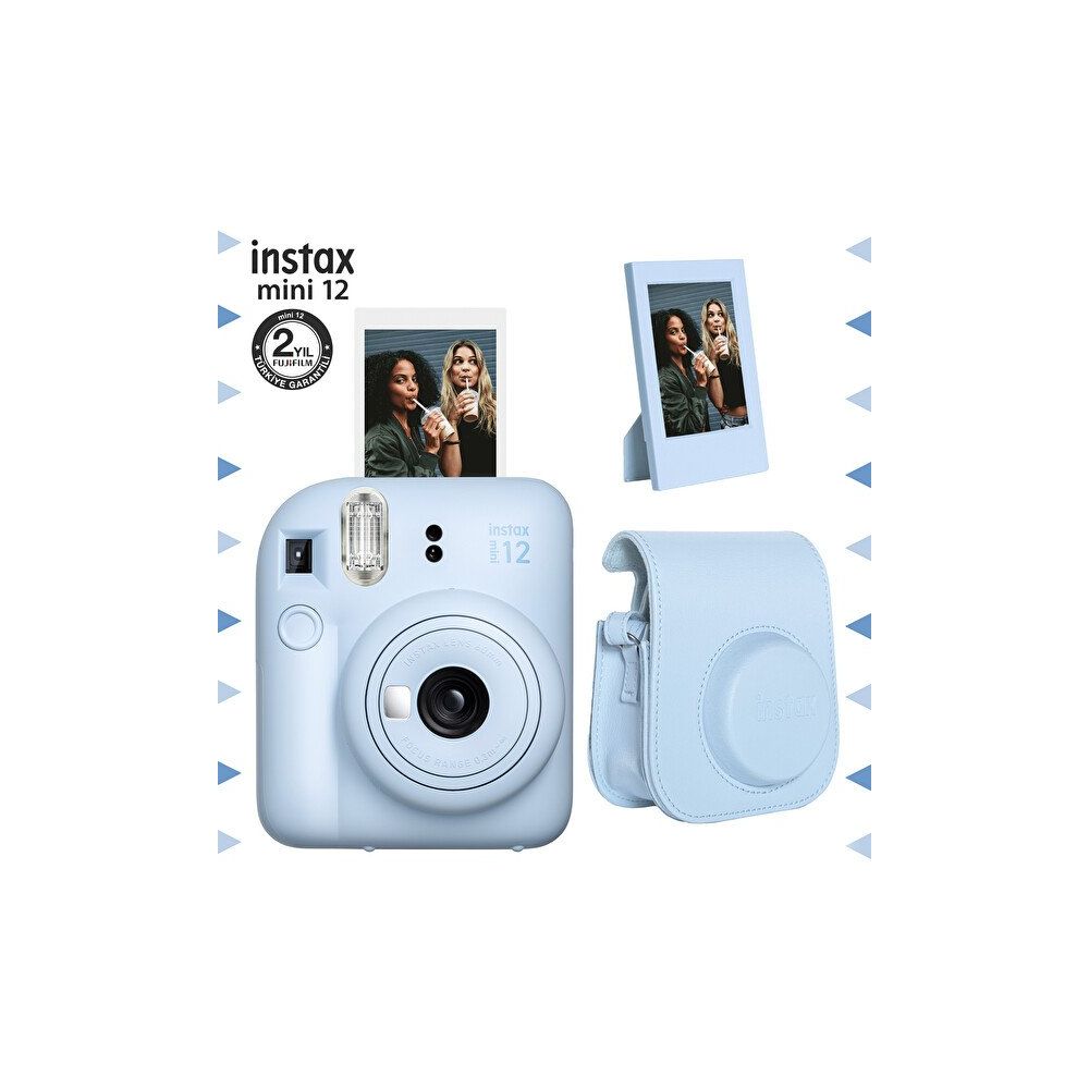 Instax Mini 12 Mavi Fotoğraf Makinesi Çerçeve ve Deri Kılıf Seti