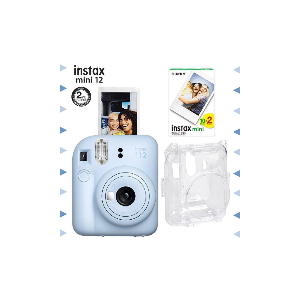 Instax Mini 12 Mavi Fotoğraf Makinesi ve 20'li Film ve Şeffaf Kılıf Seti