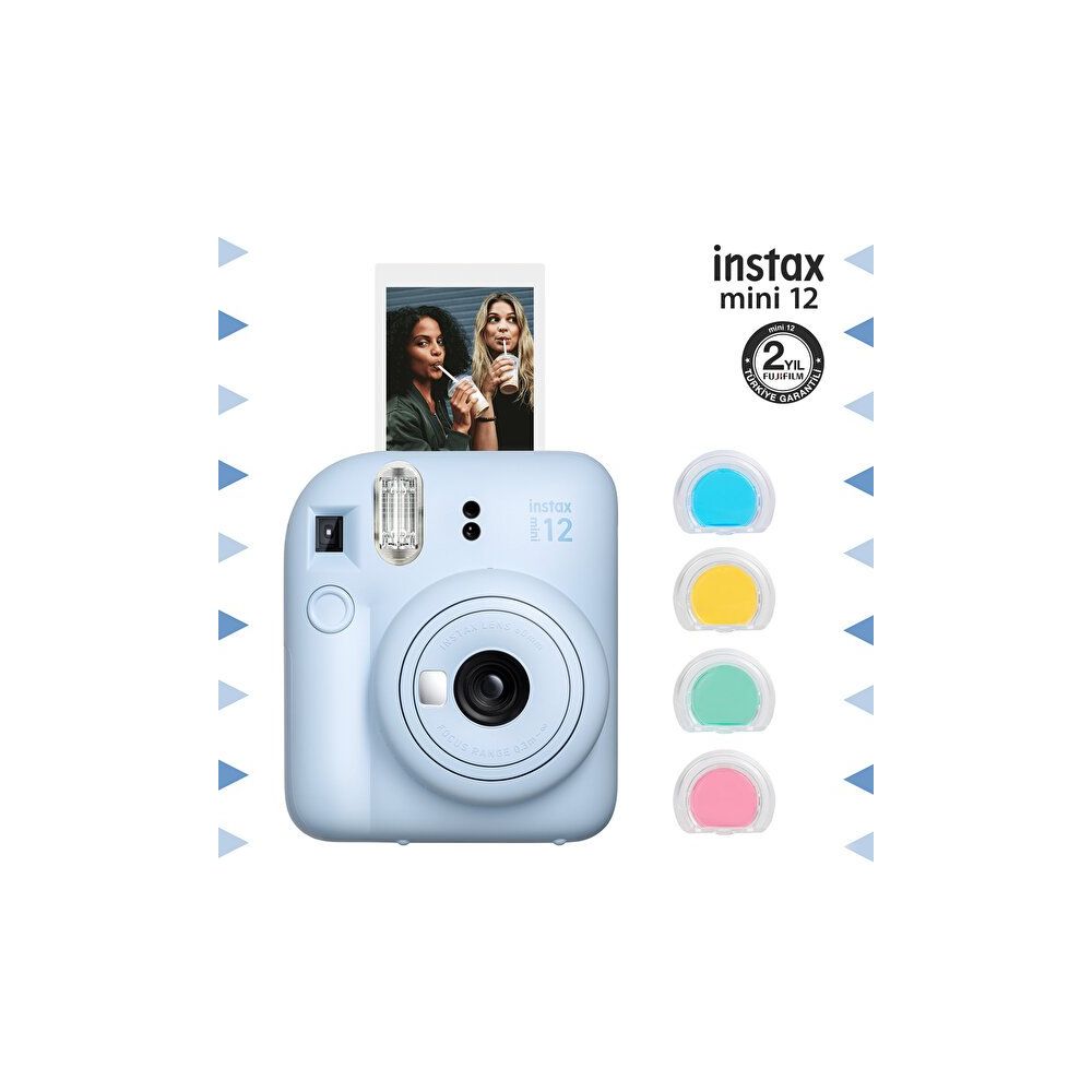 Instax Mini 12 Mavi Fotoğraf Makinesi ve 4'lü Renkli Lens Seti