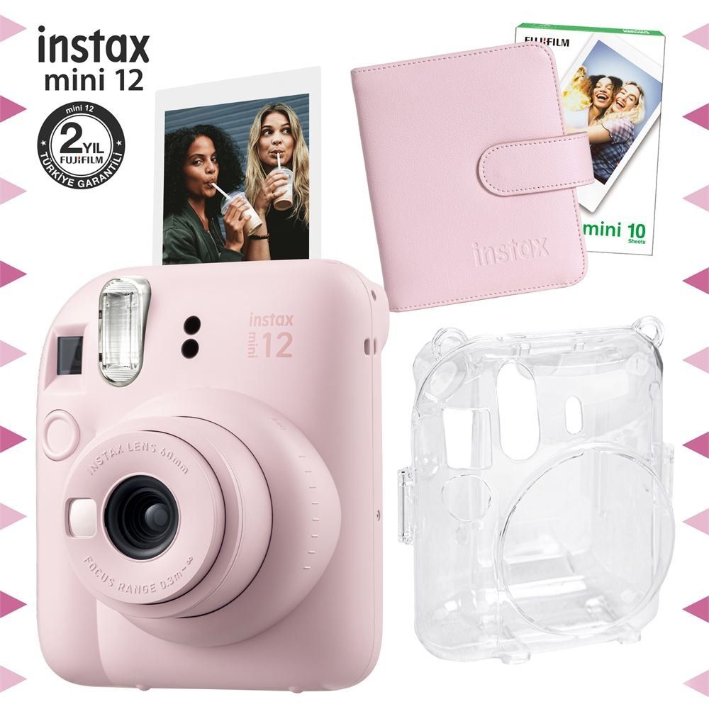 Instax Mini 12 Pembe 10'lu Film Kare Albüm Şeffaf Kılıf ve Fotoğraf Makinesi Seti