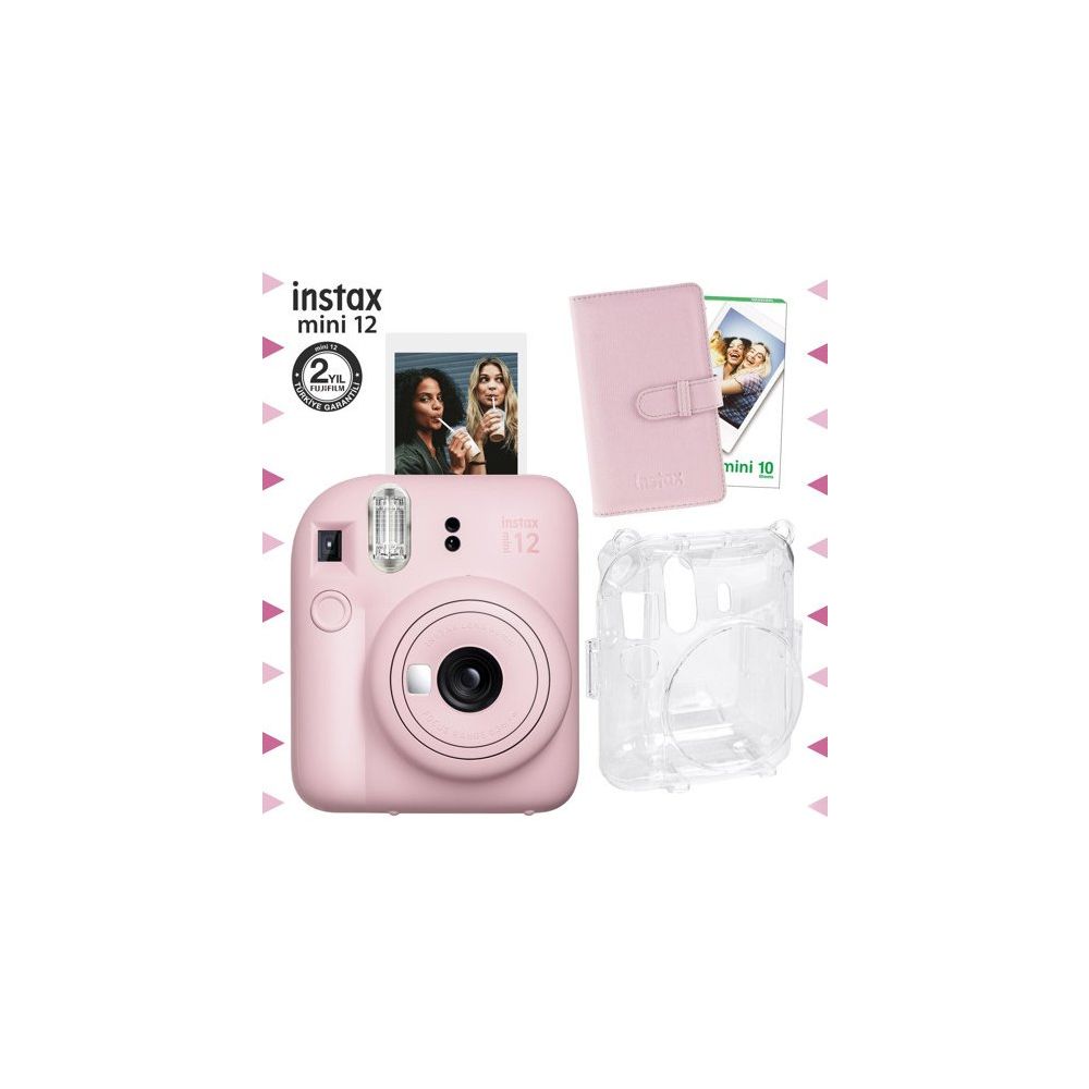 Instax Mini 12 Pembe 10'lu Film Laporta Albüm Şeffaf Kılıf ve Fotoğraf Makinesi Seti