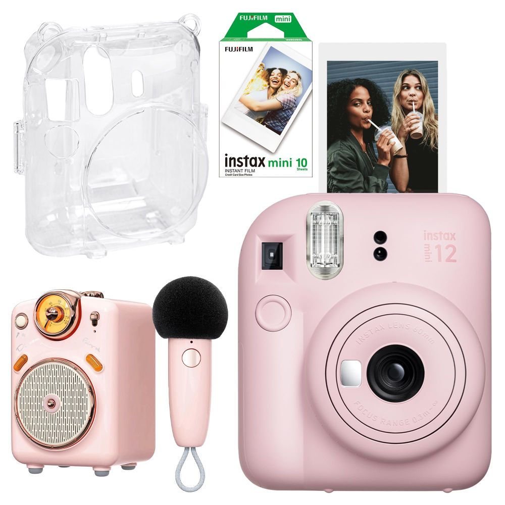 Instax Mini 12 Pembe 10'lu Film Şeffaf Kılıf Divoom Fairy-OK Pembe Karaoke Mikrofonlu FM Radyolu Bluetooth Hoparlör ve Fotoğraf Makinesi