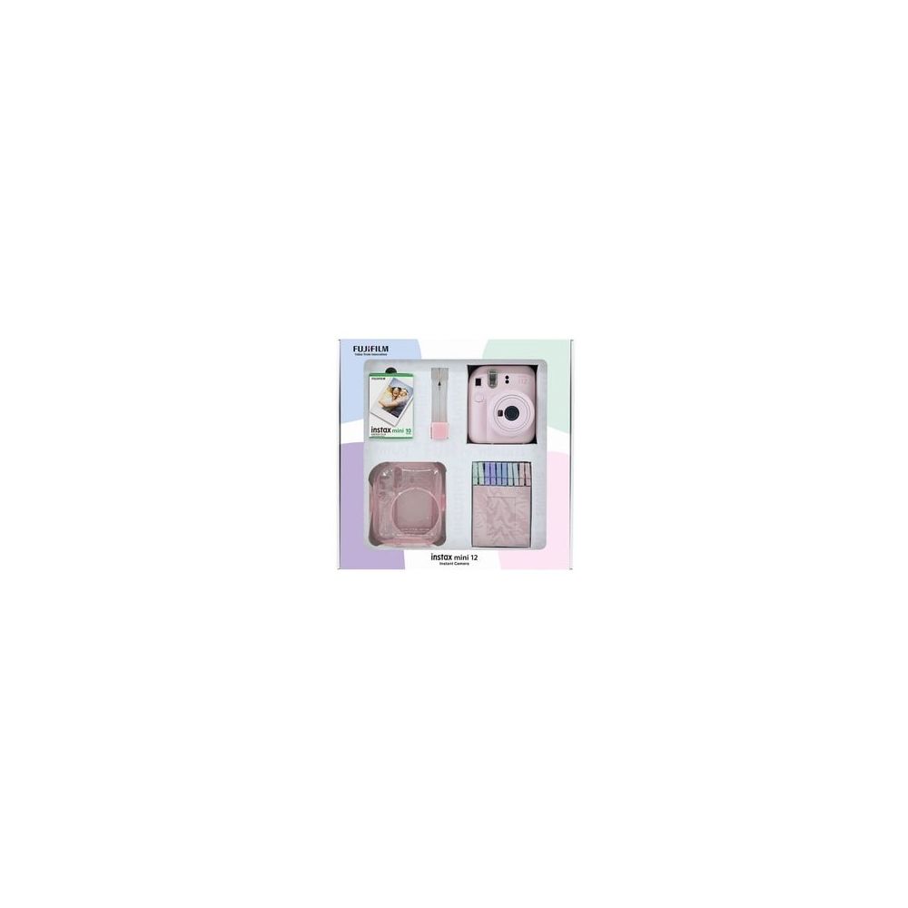 Instax Mini 12 Pembe 10'lu Film Simli Pleksi Kılıf Mandal Kıskaçlı Resim Standı Bundle Box ve Fotoğraf Makinesi