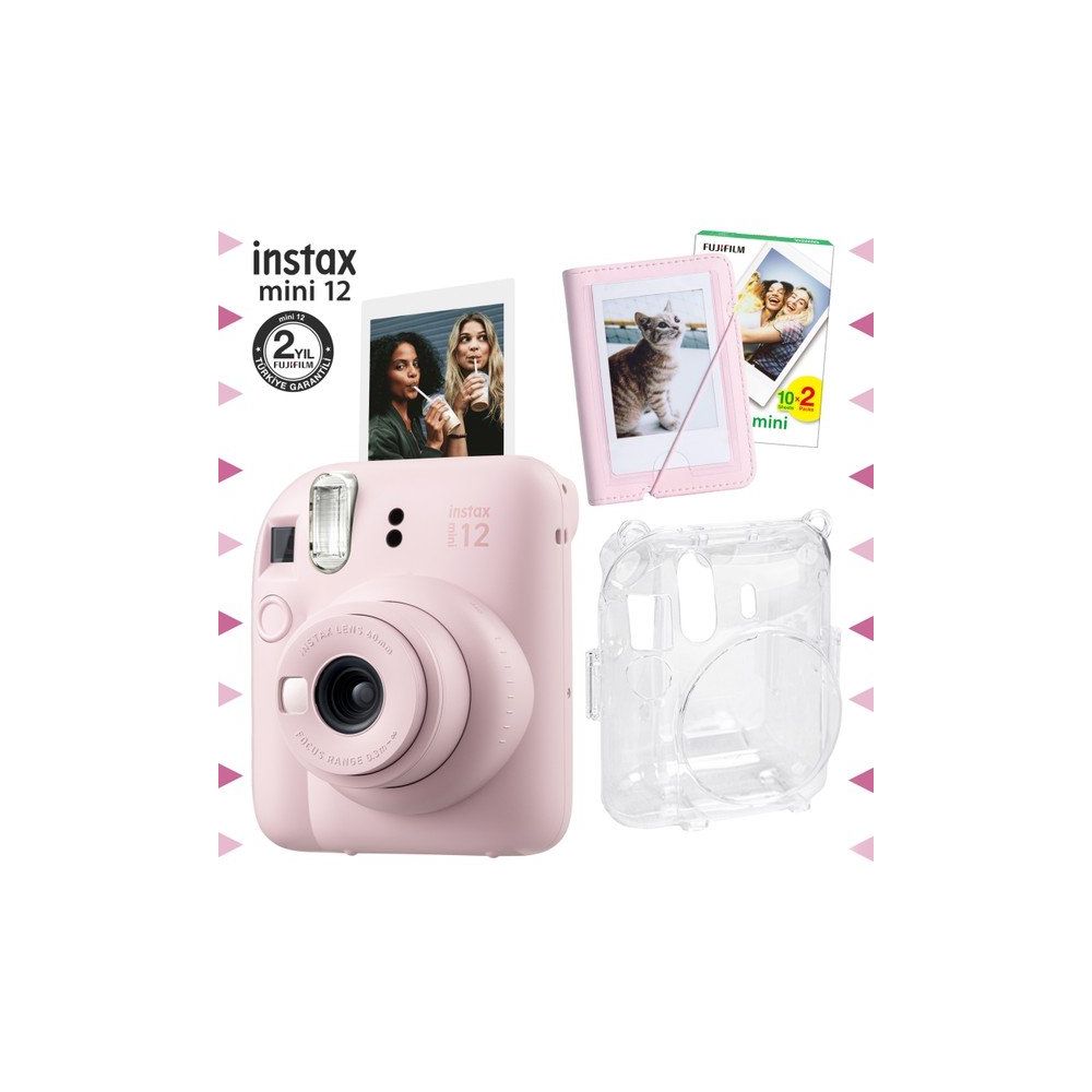 Instax Mini 12 Pembe 20'li Film Mini Albüm Şeffaf Kılıf ve Fotoğraf Makinesi Seti