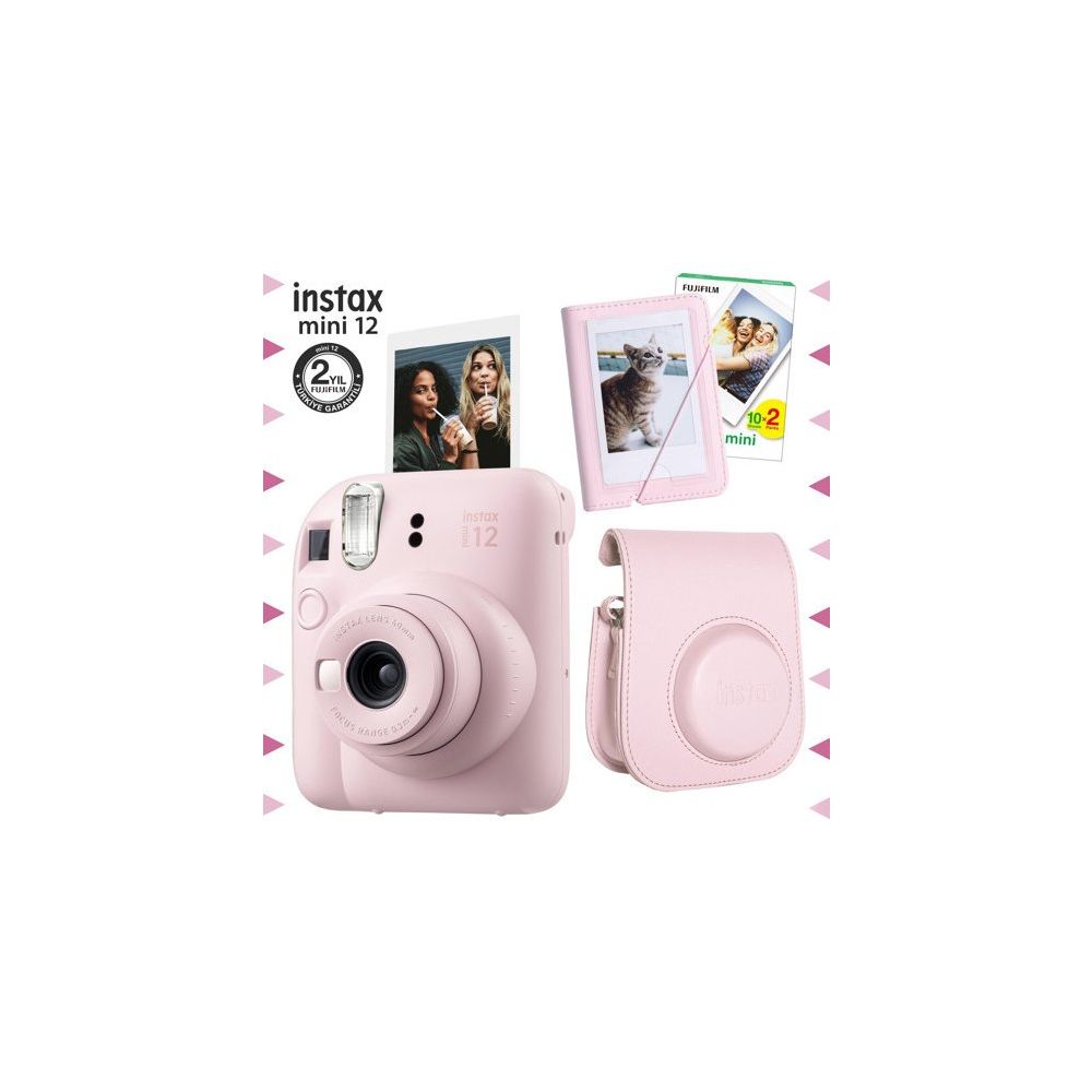 Instax Mini 12 Pembe 20'lu Film Mini Albüm Deri Kılıf ve Fotoğraf Makinesi Seti