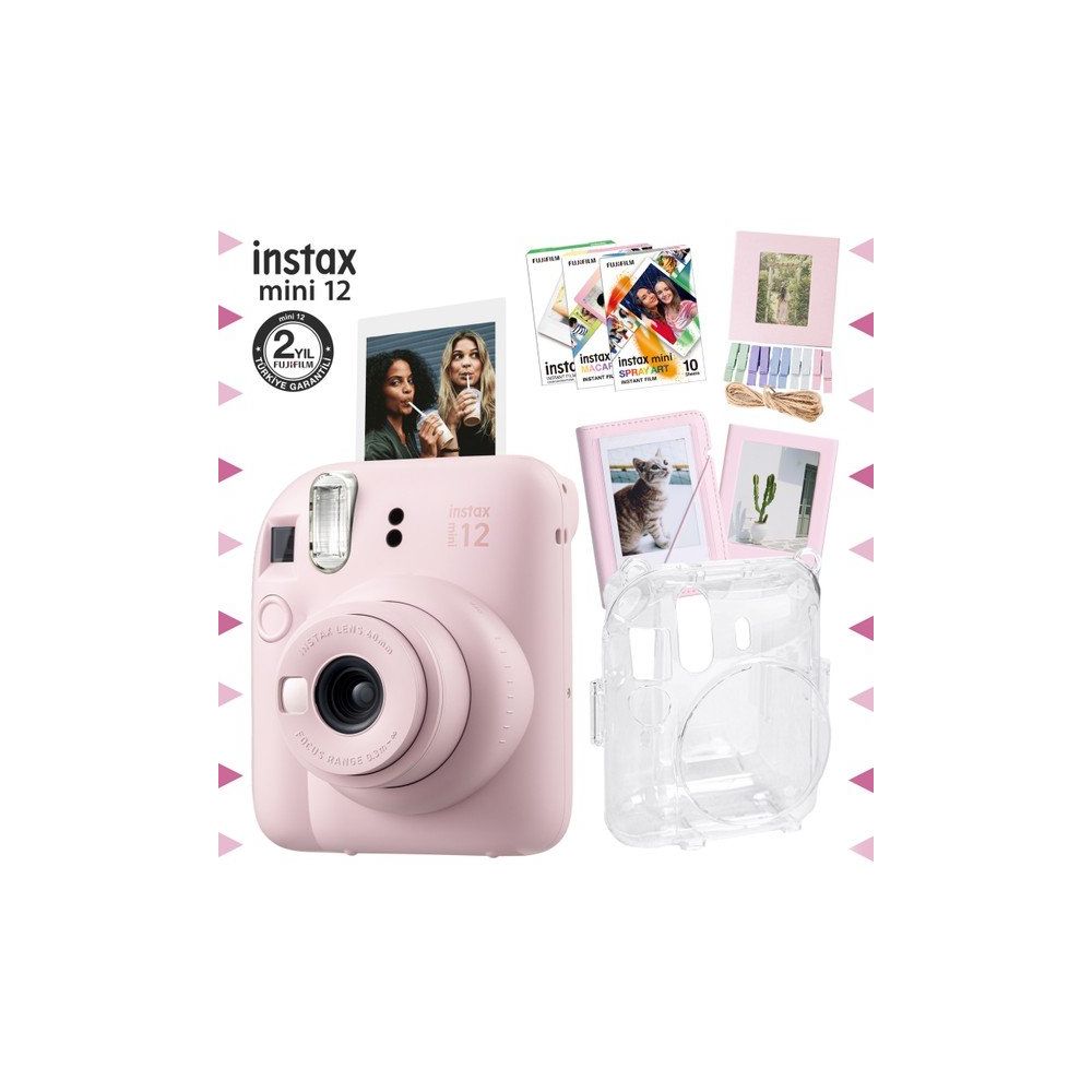 Instax Mini 12 Pembe 30'lu Film Albüm Mandal Çerçeve Kılıf Mega ve Fotoğraf Makinesi Set