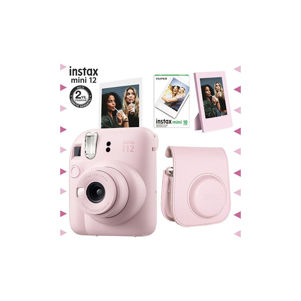 Instax Mini 12 Pembe Fotoğraf Makinesi 10'lu Film Çerçeve ve Deri Kılıf Seti