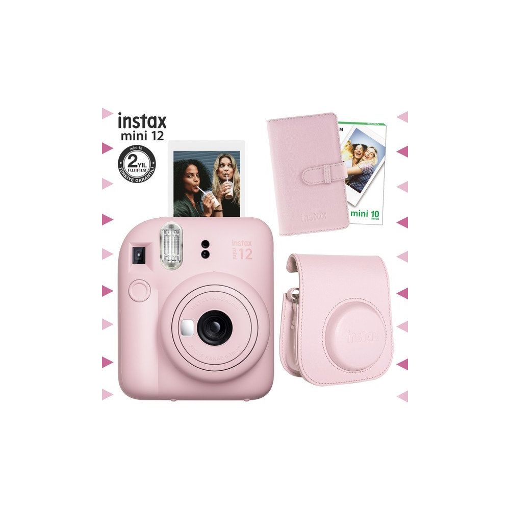 Instax Mini 12 Pembe Fotoğraf Makinesi 10'lu Film Laporta Albüm ve Deri Kılıf Seti