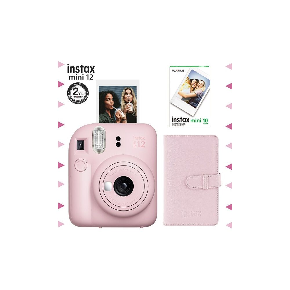 Instax Mini 12 Pembe Fotoğraf Makinesi 10'lu Film ve Laporta Albüm Seti