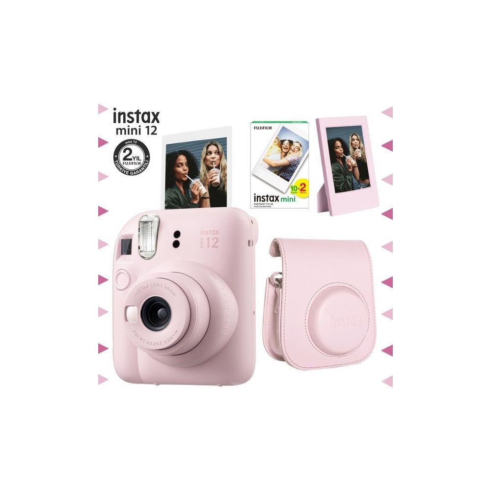 Instax Mini 12 Pembe Fotoğraf Makinesi 20'li Film Çerçeve ve Deri Kılıf Seti