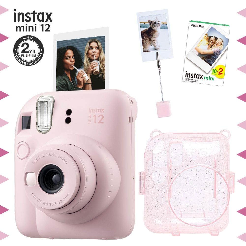 Instax Mini 12 Pembe Fotoğraf Makinesi 20'li Film Kıskaçlı Resim Standı ve Simli Pleksi Kılıf Seti