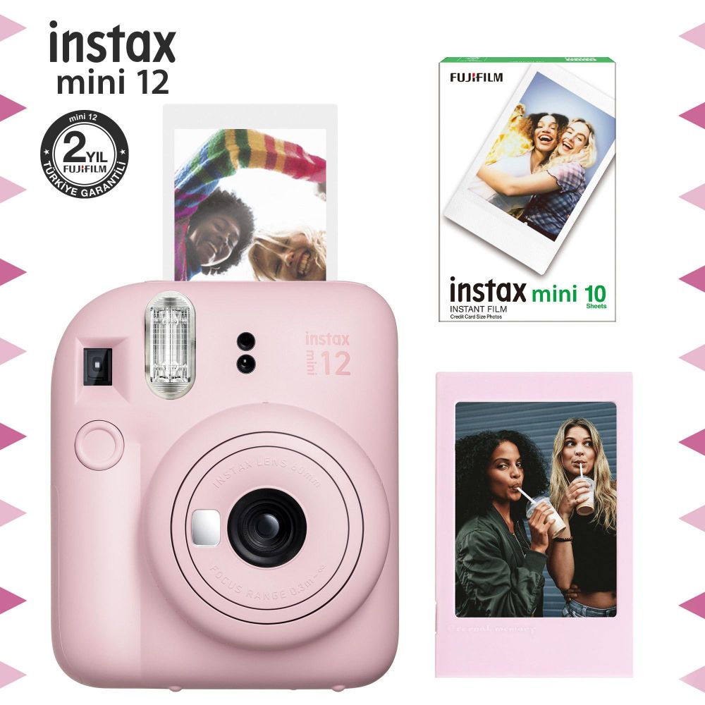 Instax Mini 12 Pembe Fotoğraf Makinesi Çerçeve ve 10'lu Mini Film Seti