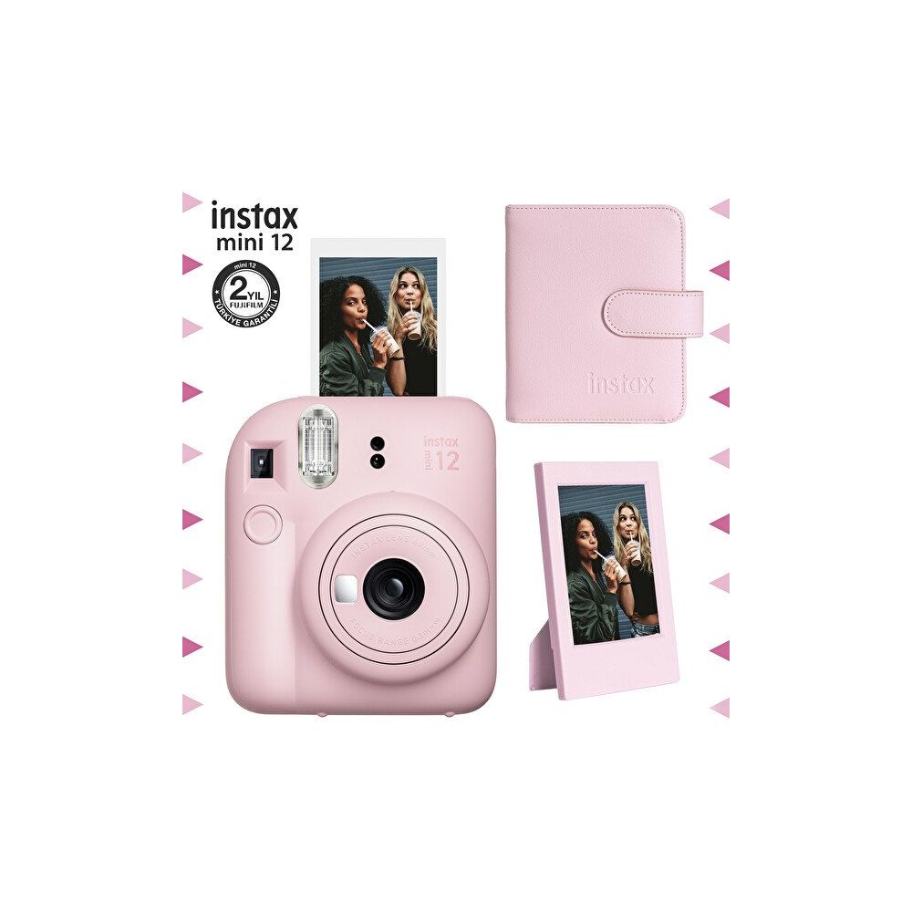 Instax Mini 12 Pembe Fotoğraf Makinesi Çerçeve ve 64'lü Kare Albüm Seti