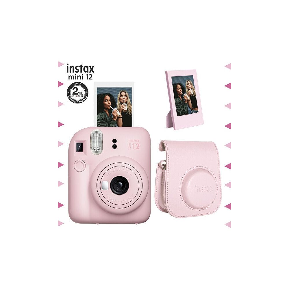 Instax Mini 12 Pembe Fotoğraf Makinesi Çerçeve ve Deri Kılıf Seti