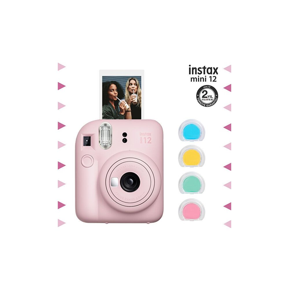 Instax Mini 12 Pembe Fotoğraf Makinesi ve 4'lü Renkli Lens Seti