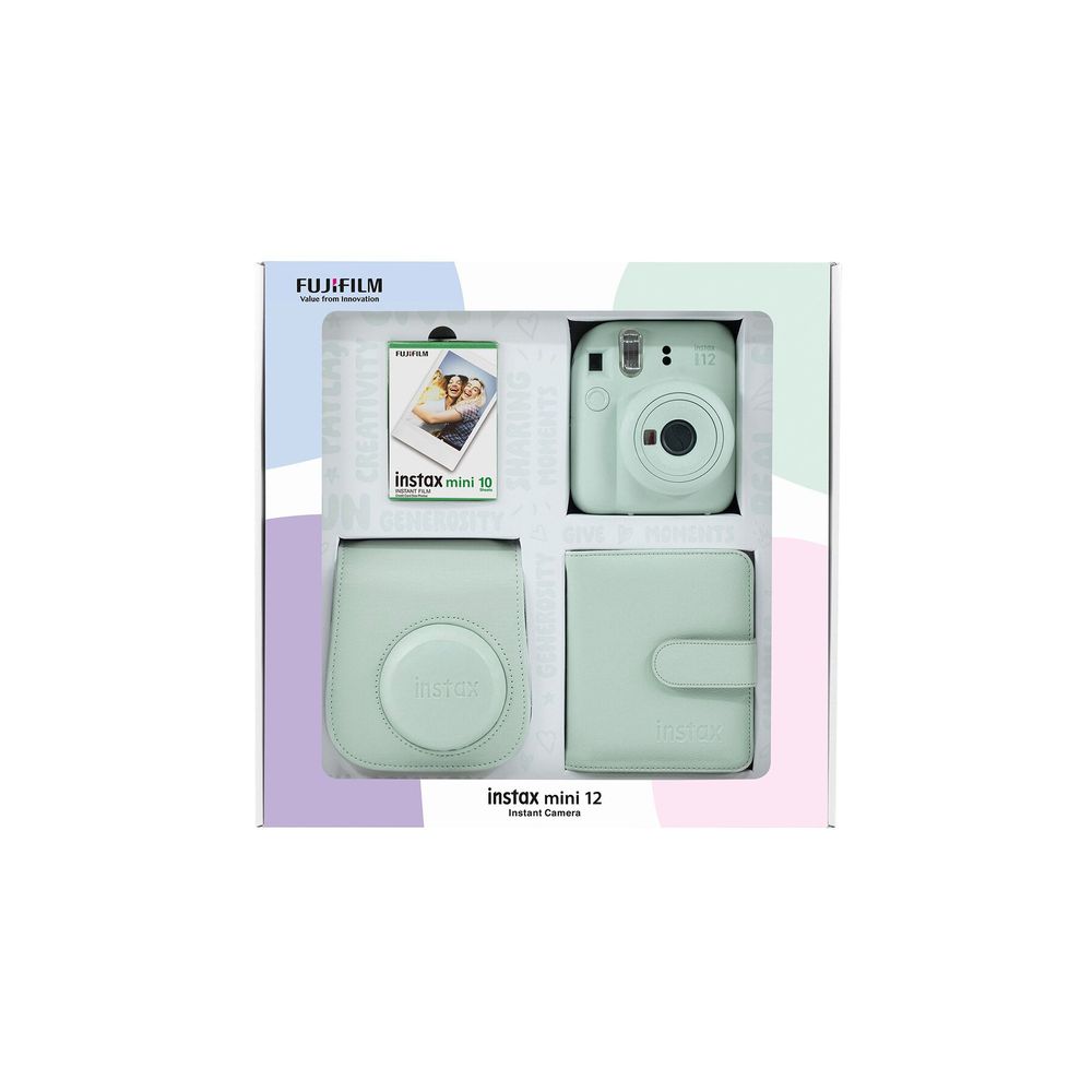 Instax Mini 12 Yeşil 10'lu Film Kare Albüm Deri Kılıf Bundle Box ve Fotoğraf Makinesi
