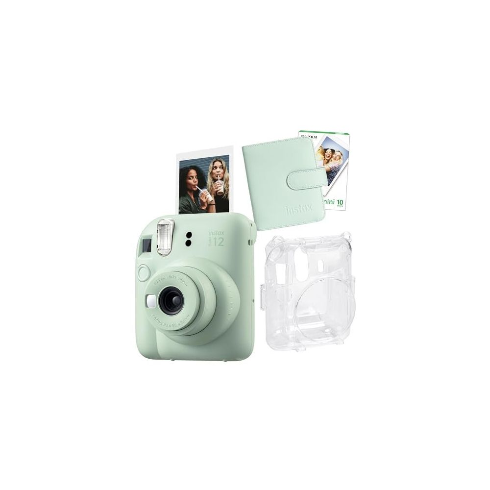 Instax Mini 12 Yeşil 10'lu Film Kare Albüm Şeffaf Kılıf ve Fotoğraf Makinesi Seti