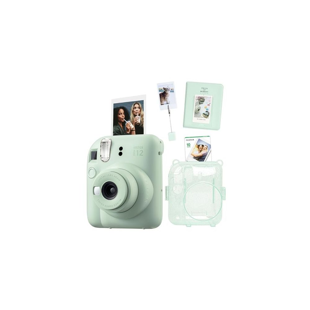 Instax Mini 12 Yeşil 10'lu Film Kıskaçlı Stand PVC Albüm Simli Pleksi Kılıf ve Fotoğraf Makinesi Seti