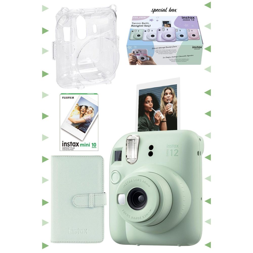 Instax Mini 12 Yeşil 10'lu Film Laporta Albüm Şeffaf Kılıf ve Fotoğraf Makinesi Seti