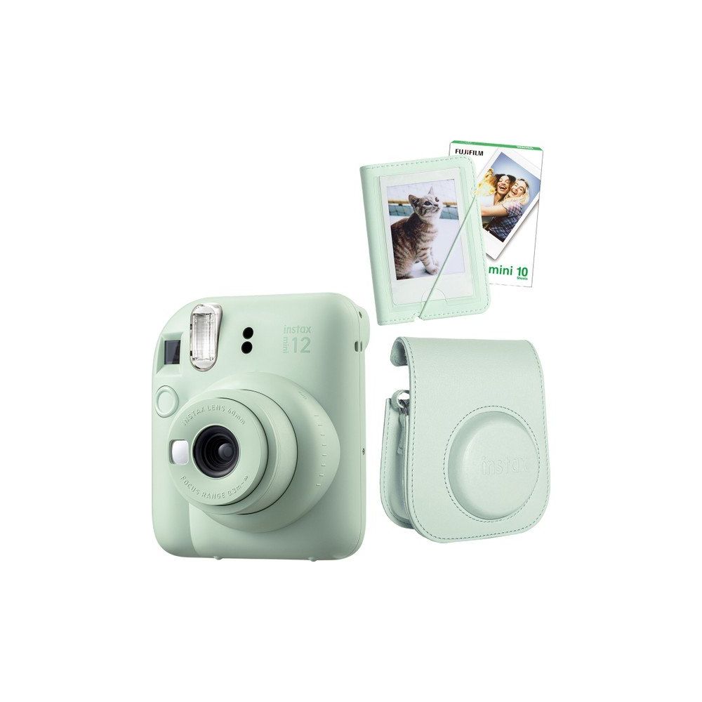 Instax Mini 12 Yeşil 10'lu Film Mini Albüm Deri Kılıf ve Fotoğraf Makinesi Seti