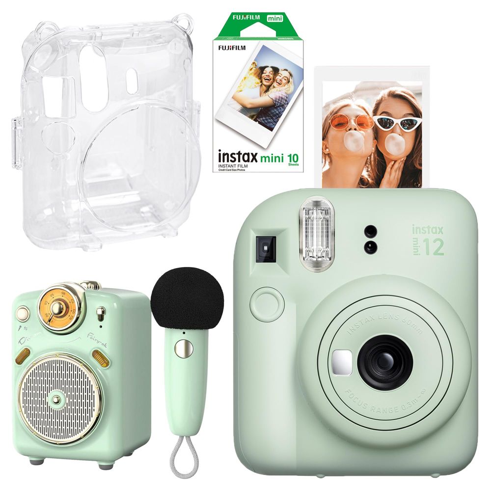 Instax Mini 12 Yeşil 10'lu Film Şeffaf Kılıf Divoom Fairy OK Yeşil Karaoke Mikrofonlu FM Radyolu Bluetooth Hoparlör ve Fotoğraf Makinesi